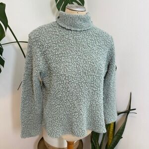 Eileen Fisher Textured Knit Turtleneck Sweater Light Green Wool Silk Blend LG